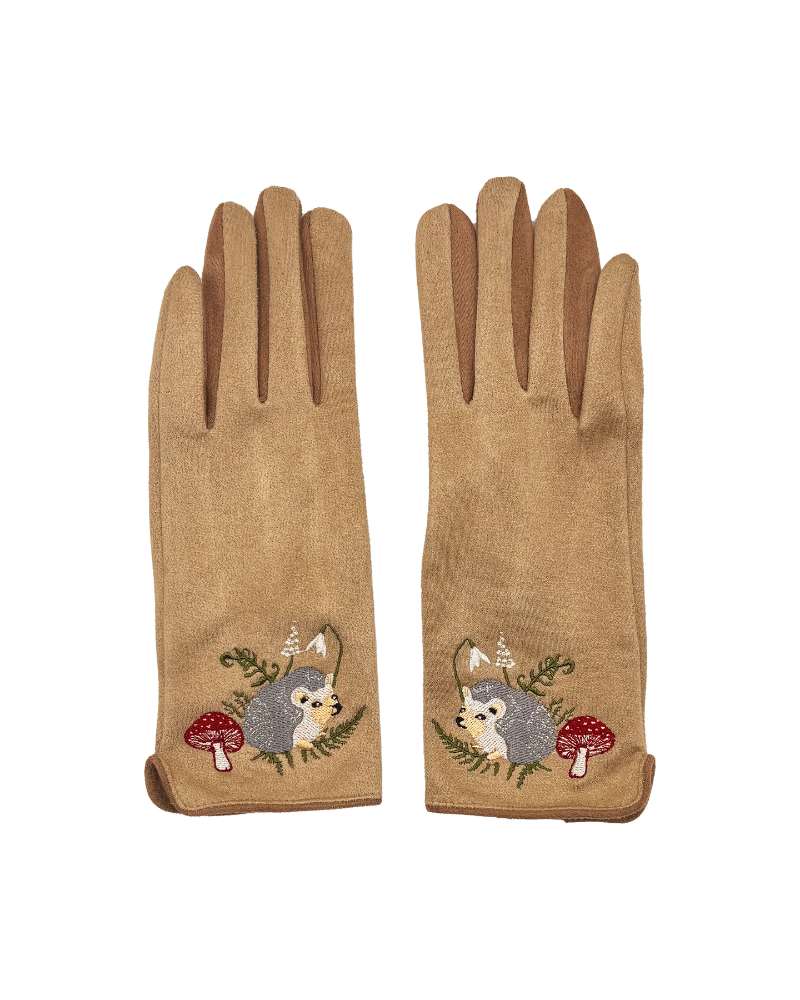 Embroidered Garden Hedgehog Gloves in Cream
