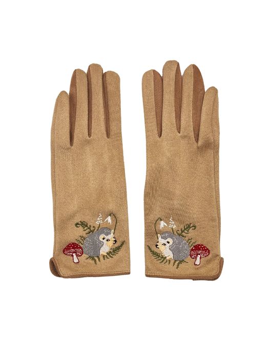 Embroidered Garden Hedgehog Gloves in Cream
