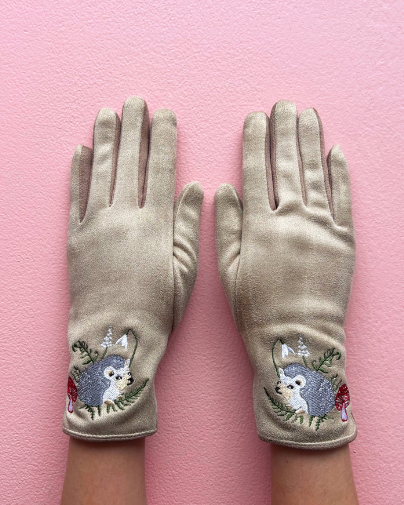 Embroidered Garden Hedgehog Gloves in Cream
