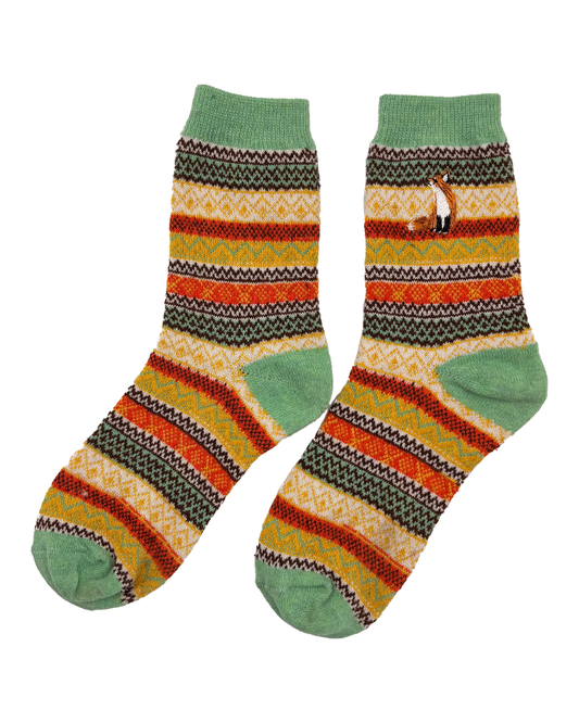 Fair Isle Embroidered Fox Crew Socks