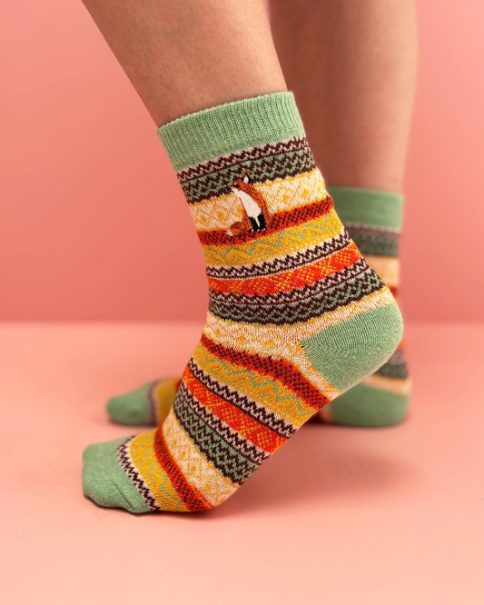 Fair Isle Embroidered Fox Crew Socks