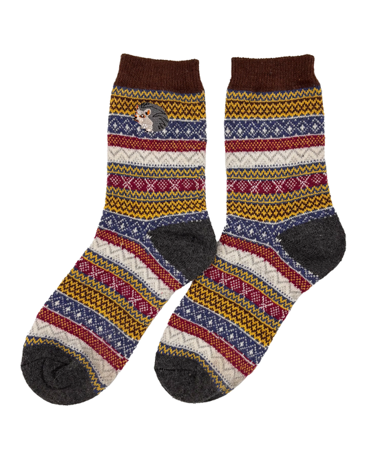 Fair Isle Embroidered Hedgehog Crew Socks