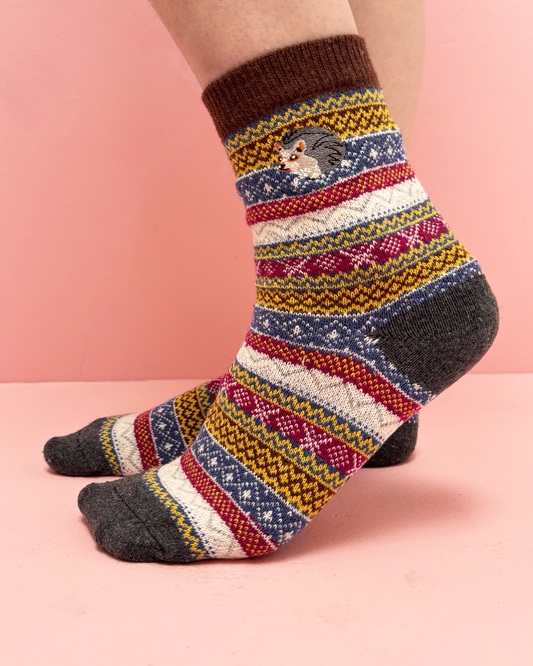 Fair Isle Embroidered Hedgehog Crew Socks