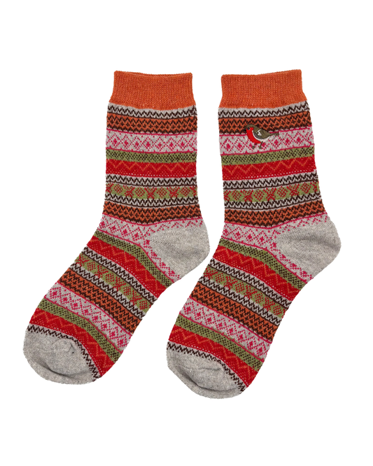 Fair Isle Embroidered Robin Crew Socks