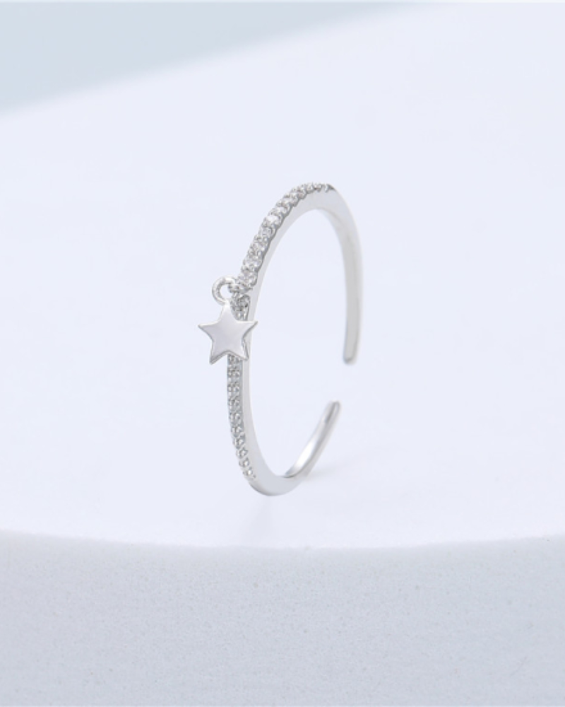 Silver Tiny Star Charm Diamante Adjustable Ring