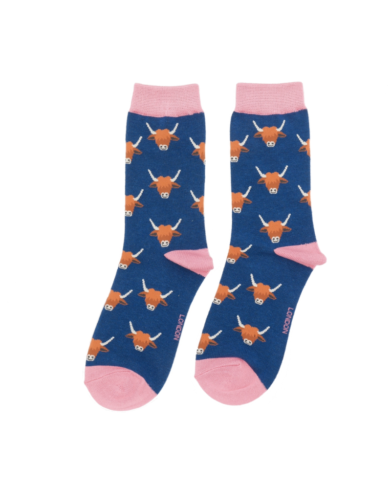 Women's Navy Highland Cow Socks | Miss Sparrow