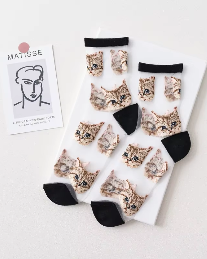 Sheer Cat Socks in Black & Mustard