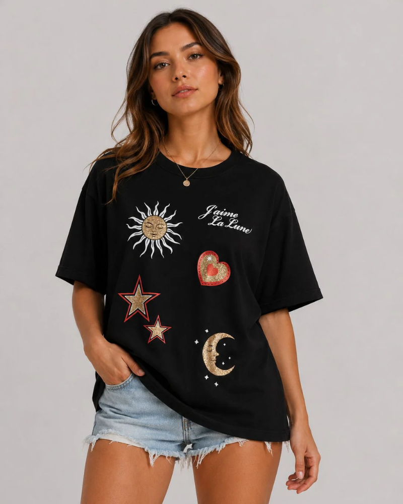 Relaxed Celestial Graphic T-Shirt in Black