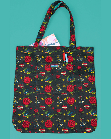 Vintage Old School Tattoo Rose Tote Bag by Run & Fly