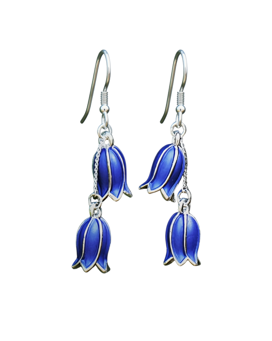 Bluebell Flower Double Drop Earrings in Silver