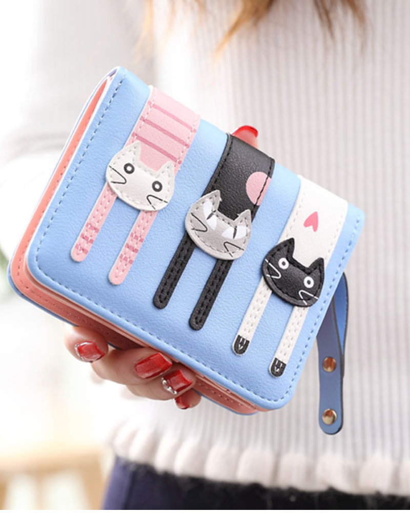 Three Cats Blue Leather Zipper Purse