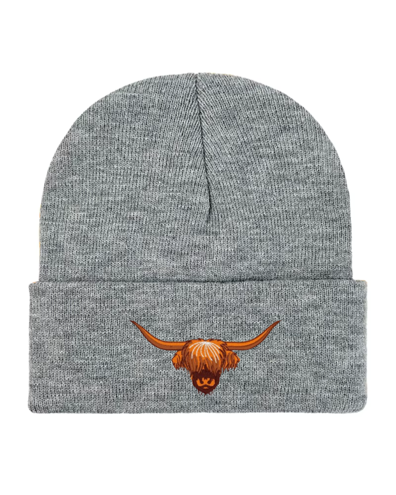 Highland Cow Embroidered Beanie in Heather Grey