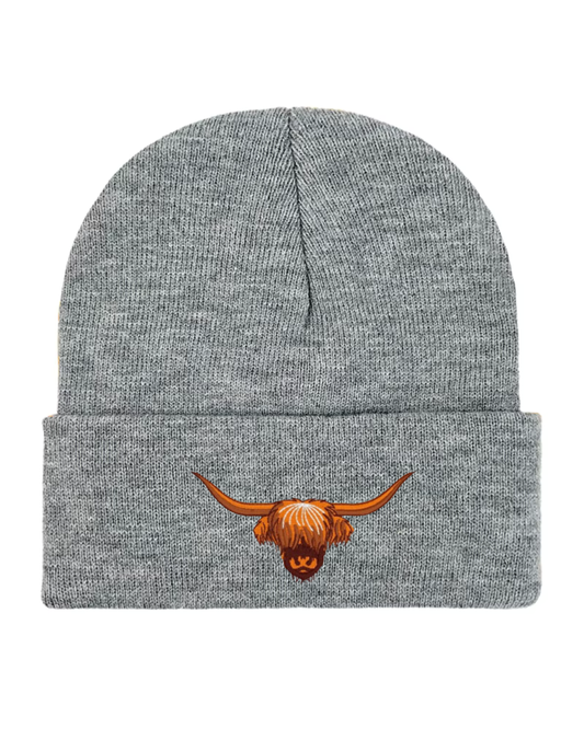 Highland Cow Embroidered Beanie in Heather Grey