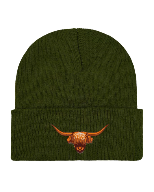 Highland Cow Embroidered Beanie in Moss Green
