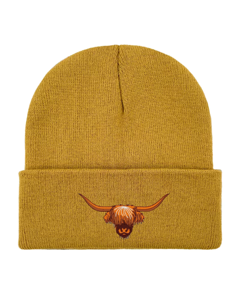 Highland Cow Embroidered Beanie in Mustard Yellow