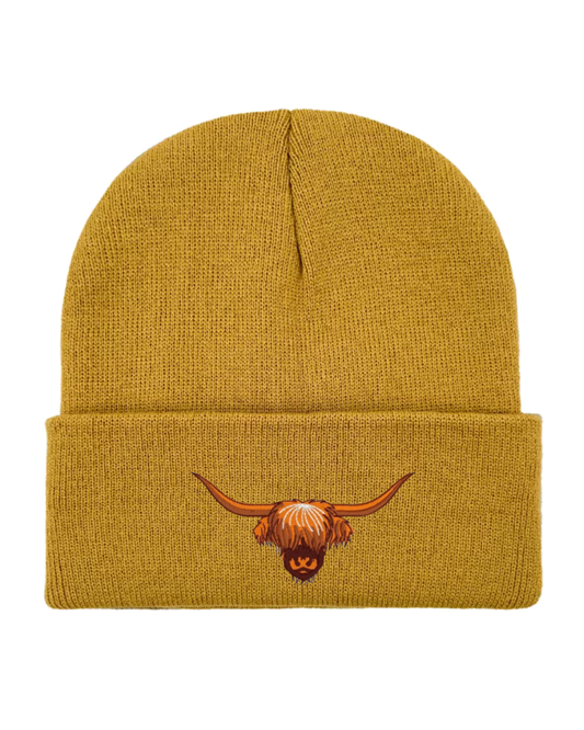 Highland Cow Embroidered Beanie in Mustard Yellow