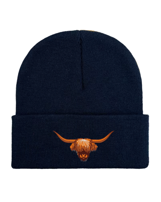 Highland Cow Embroidered Beanie in French Navy