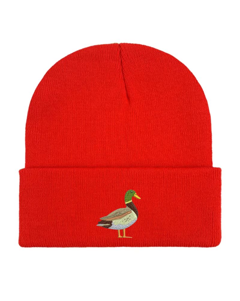 Duck Embroidered Beanie Hat in Red