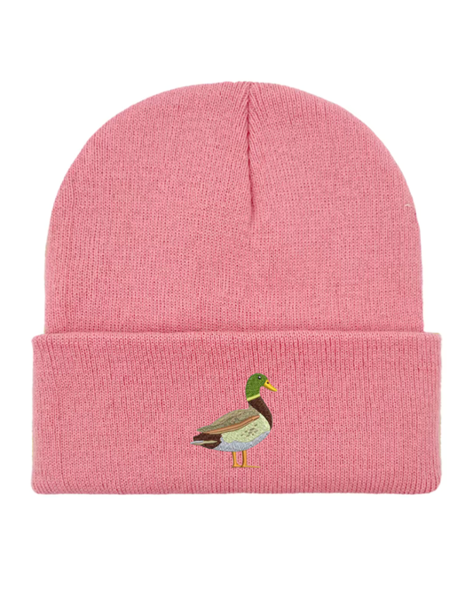 Duck Embroidered Beanie Hat in Dusty Pink