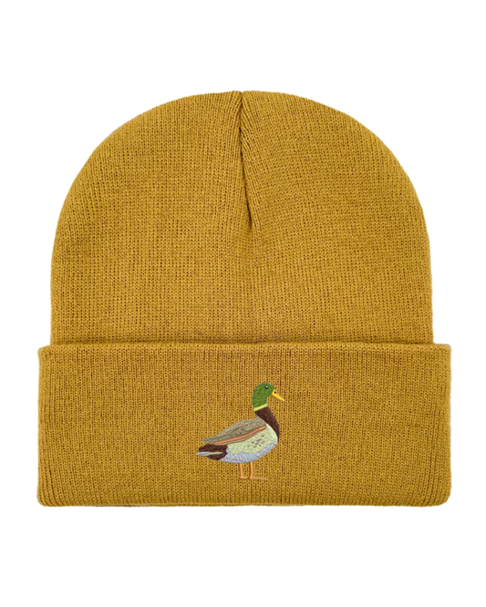 Duck Embroidered Beanie Hat in Mustard Yellow