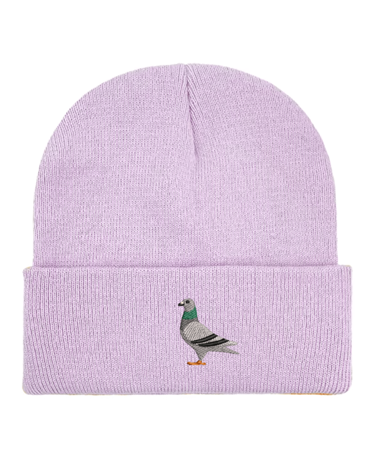 Pigeon Embroidered Beanie Hat in Lavender