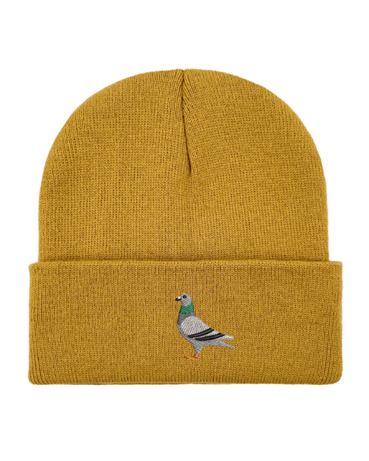 Pigeon Embroidered Beanie Hat in Mustard Yellow