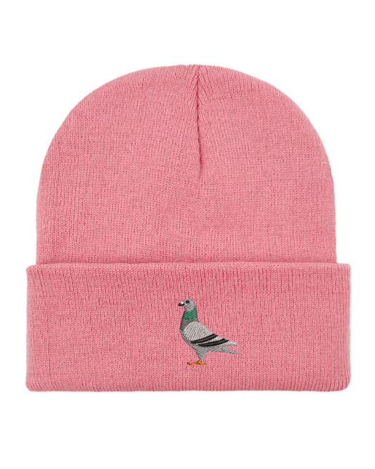Pigeon Embroidered Beanie Hat in Dusty Pink