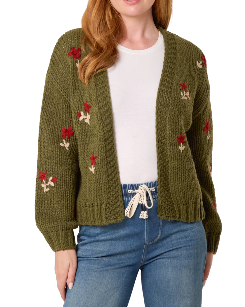 Chunky Knit Flower Embroidery Cardigan in Khaki