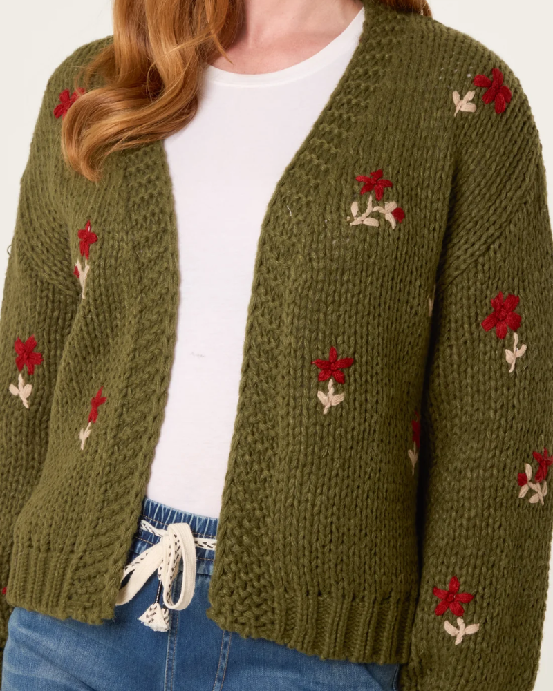 Chunky Knit Flower Embroidery Cardigan in Khaki