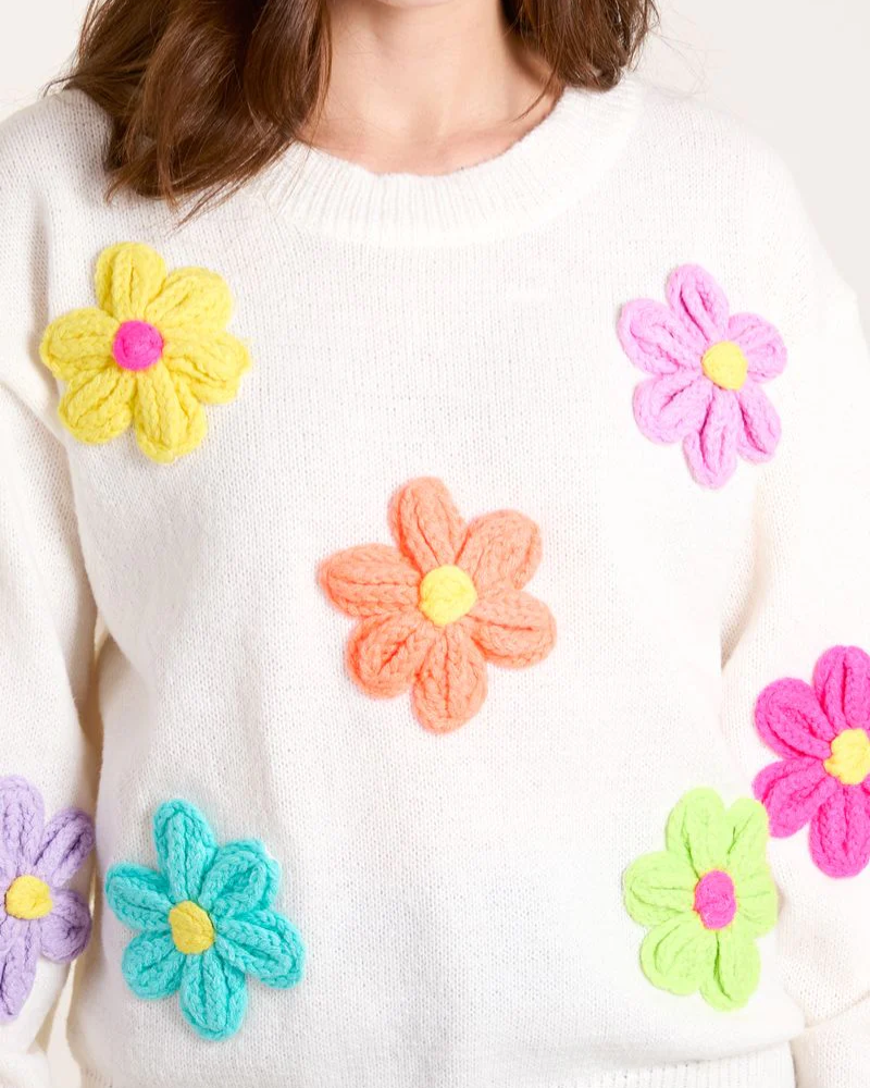 Knitted Flowers Crew Neck Jumper