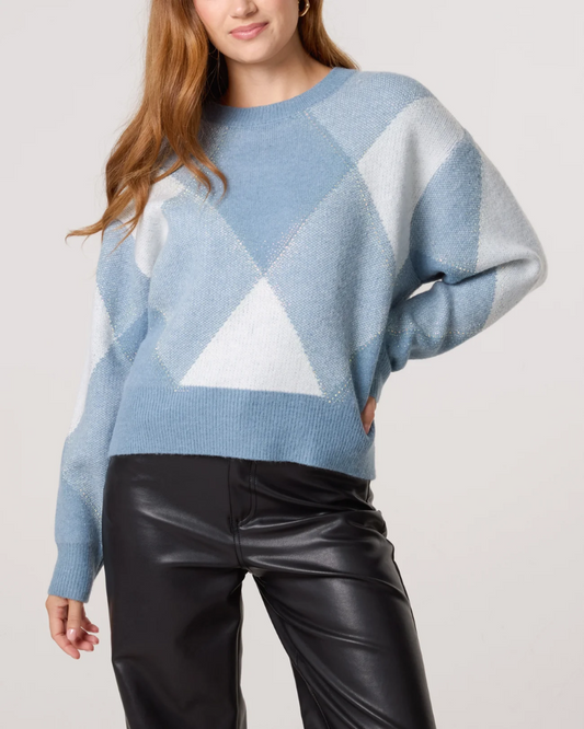 Denim Argyle Crew Neck Knit Jumper