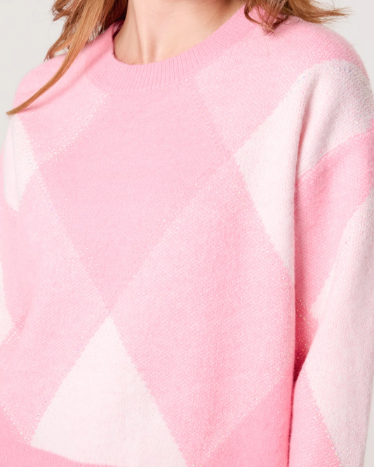 Pink Argyle Crew Neck Knit Jumper