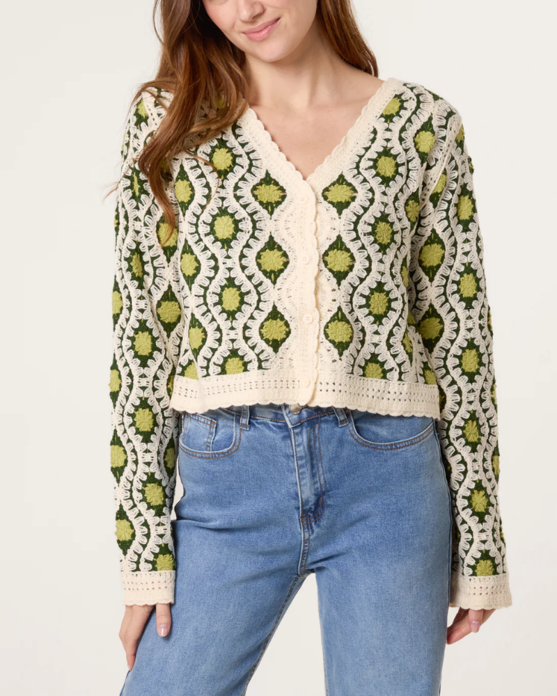 Geo Circle Wave Crochet Cardigan In Green