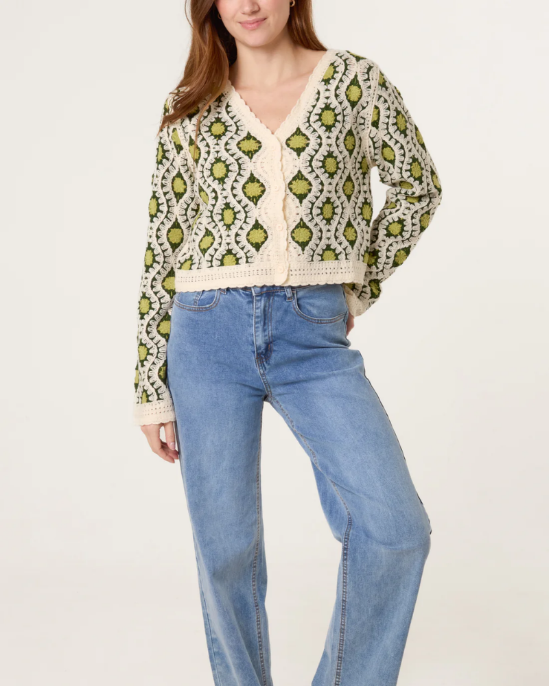 Geo Circle Wave Crochet Cardigan In Green