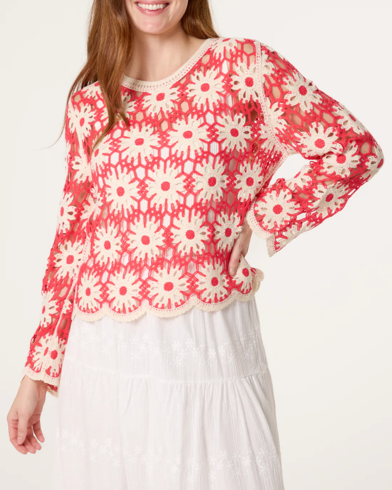 Coral Floral Scallop Hem Crochet Top