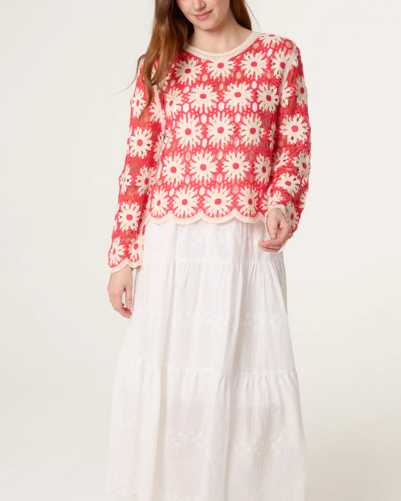 Coral Floral Scallop Hem Crochet Top