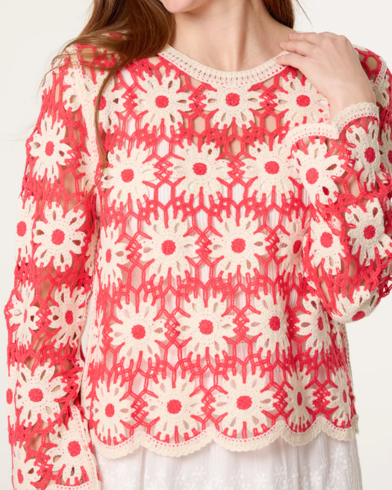 Coral Floral Scallop Hem Crochet Top