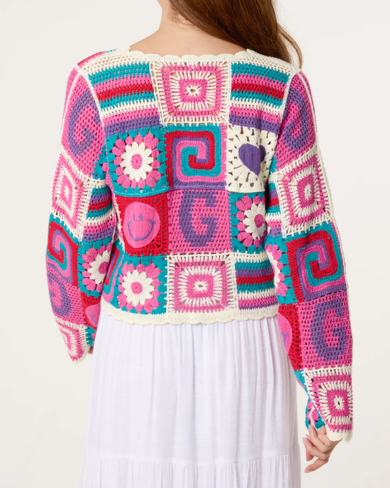 Retro Patchwork Crochet Cardigan in Pink