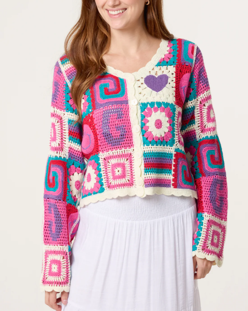 Retro Patchwork Crochet Cardigan in Pink