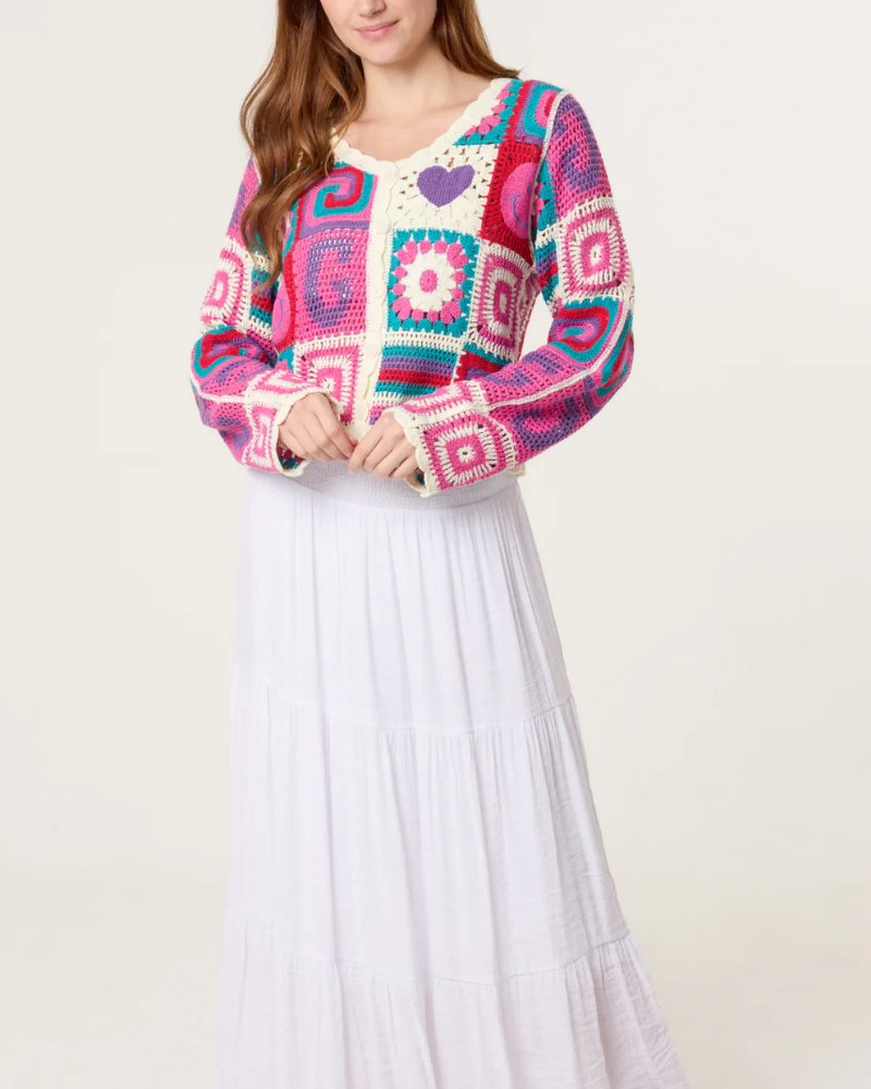 Retro Patchwork Crochet Cardigan in Pink
