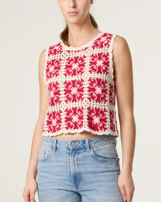 Arabesque Red Patchwork Crochet Vest Top