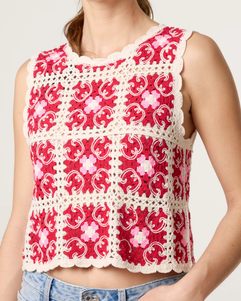 Arabesque Red Patchwork Crochet Vest Top