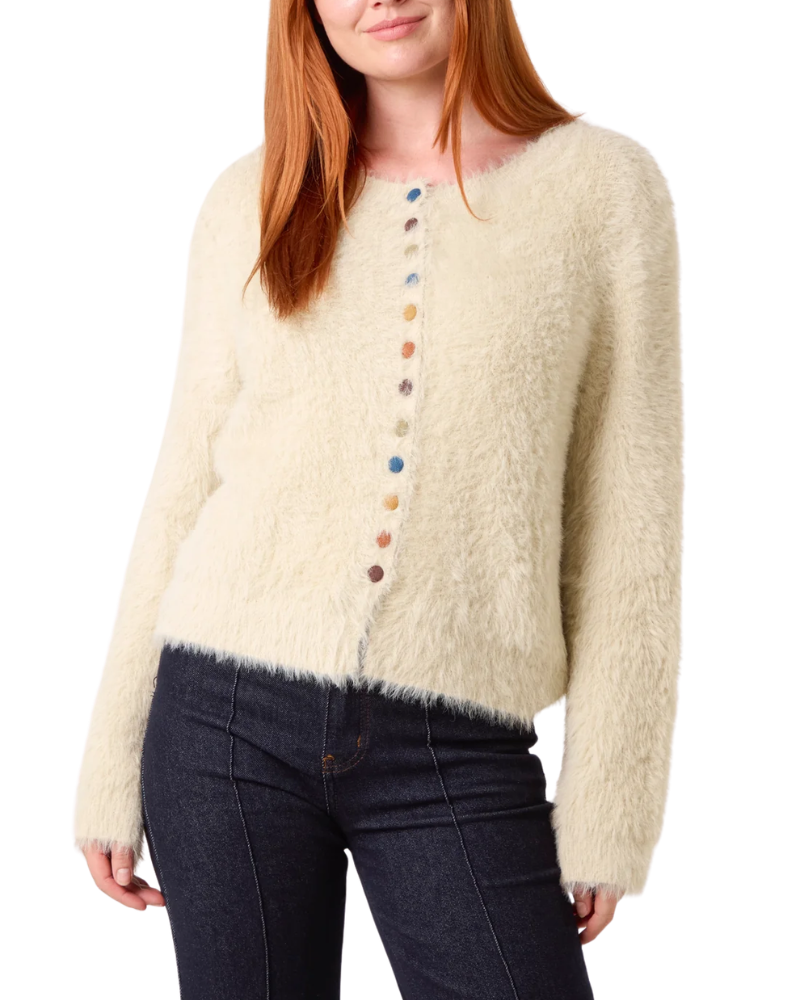 Fluffy Cream Cardigan With Multicolour Buttons