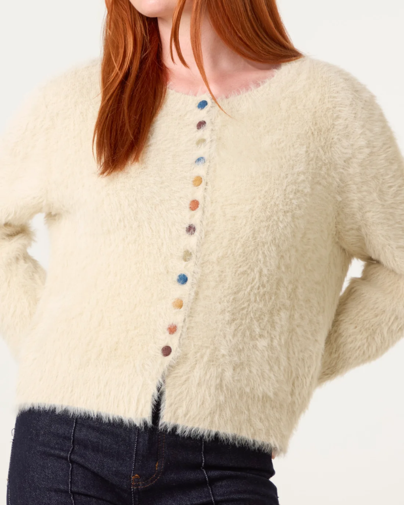 Fluffy Cream Cardigan With Multicolour Buttons