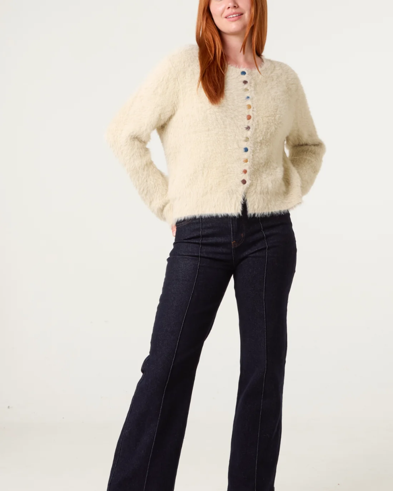 Fluffy Cream Cardigan With Multicolour Buttons