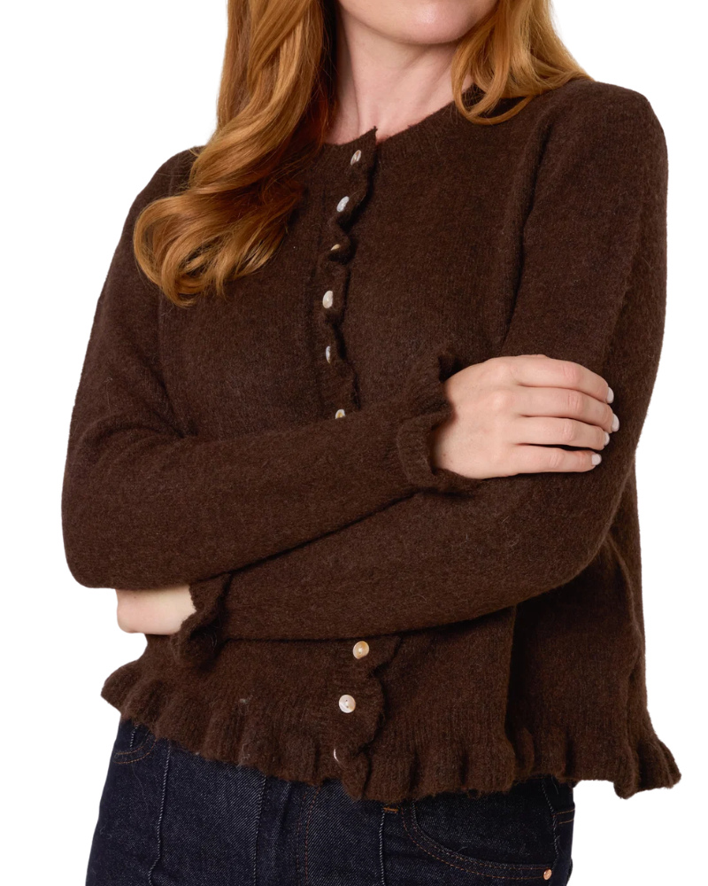 Ruffled Trim Button Through Cardigan In Chocolate