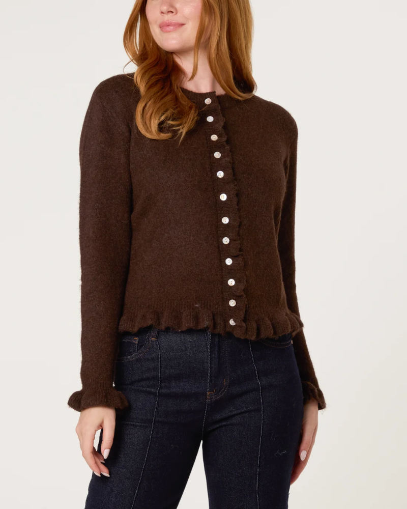 Ruffled Trim Button Through Cardigan In Chocolate