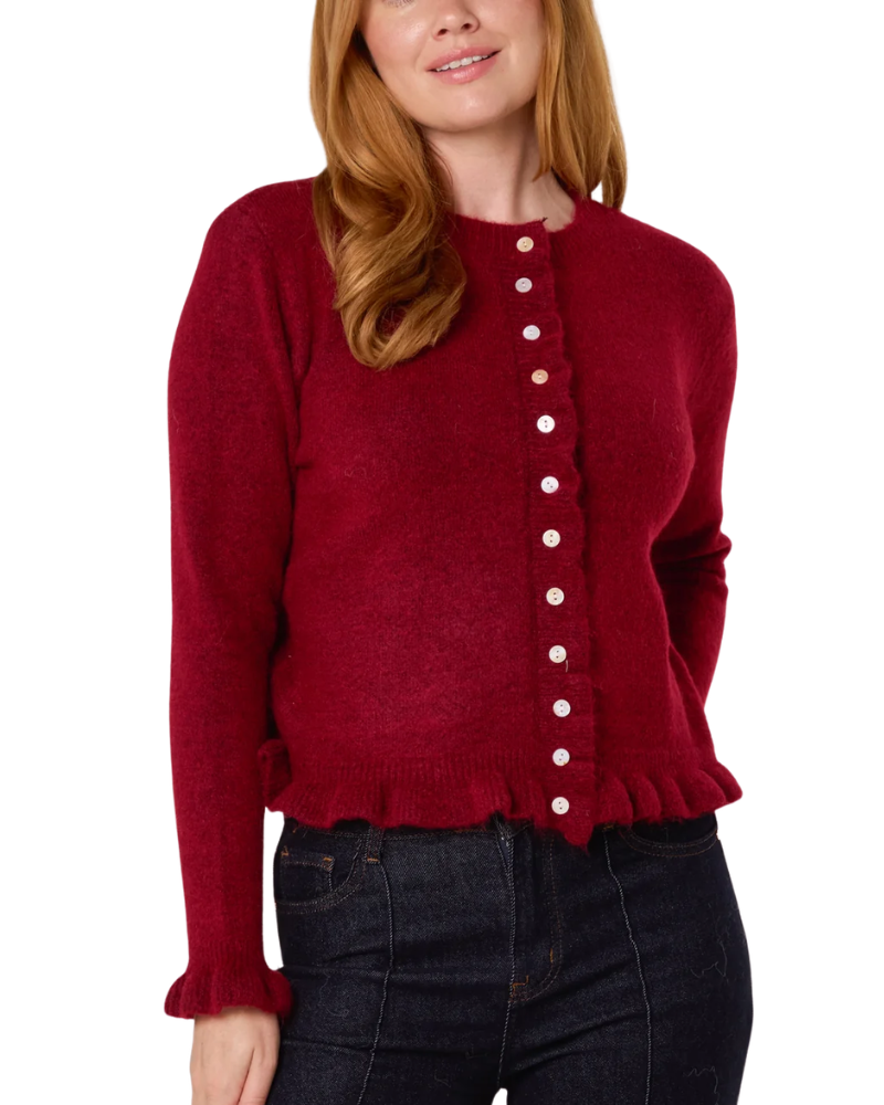 Ruffled Trim Button Through Cardigan In Wine