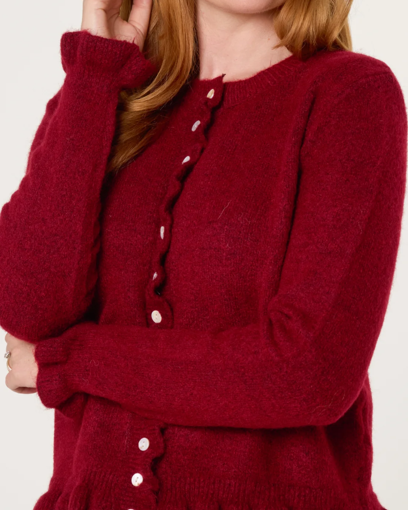 Ruffled Trim Button Through Cardigan In Wine
