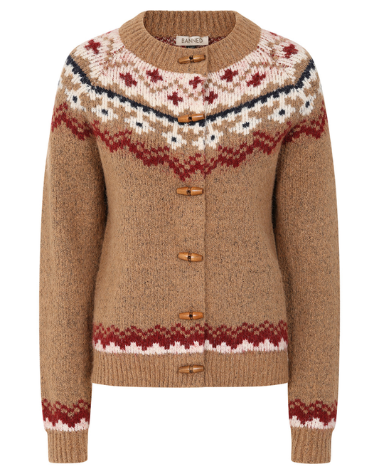 Brown Winnie Fair Isle Winter Toggle Cardigan by Banned Apparel